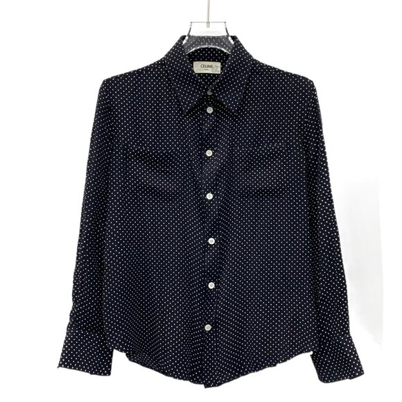Celine Black polka dot cotton collared single-breasted long-sleeve shirt - Picture 1 of 9